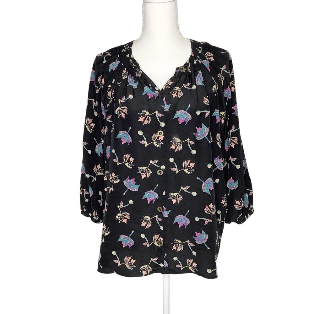 Tucker The Classic Blouse Black Silk Leaf Print Button Up 3/4 Sleeve Top Large